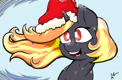 Size: 1768x1160 | Tagged: safe, alternate version, artist:lucas_gaxiola, oc, oc only, oc:incendia, pony, unicorn, :d, abstract background, bust, christmas, female, hat, holiday, horn, mare, open mouth, santa hat, signature, smiling, solo, unicorn oc