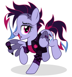 Size: 3128x3342 | Tagged: safe, artist:binakolombina, oc, oc only, oc:brie spacer, pegasus, pony, badge, clothes, eyeshadow, female, high res, jacket, leather jacket, lip piercing, makeup, mare, microphone, multicolored hair, open mouth, piercing, pin, raised hoof, raised leg, ring, rocker, shirt, simple background, solo, t-shirt, white background, wing hands, wing hold, wings
