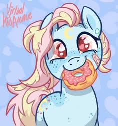 Size: 1080x1148 | Tagged: safe, artist:virtualkidavenue, oc, oc only, earth pony, pony, bandaid, donut, food, heart eyes, looking at you, mouth hold, smiling, solo, wingding eyes