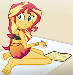 Size: 900x924 | Tagged: safe, artist:grapefruitface1, sunset shimmer, equestria girls, equestria girls specials, g4, my little pony equestria girls: better together, my little pony equestria girls: forgotten friendship, barefoot, beach, beach towel, bikini, book, clothes, feet, female, legs, looking back, notebook, pen, sarong, show accurate, solo, summer sunset, swimsuit, worried