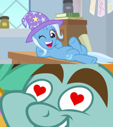 Size: 1280x1436 | Tagged: safe, edit, edited screencap, screencap, snips, trixie, pony, unicorn, a horse shoe-in, common ground, g4, belly, female, heart eyes, horn, male, ship:trips, shipping, shipping domino, straight, wingding eyes