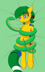 Size: 1232x1937 | Tagged: safe, artist:graboiidz, oc, oc only, oc:blocky bits, earth pony, pony, snake, belly button, coils, constriction, female, kaa eyes, mare, mind control, navel play, solo