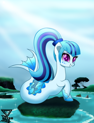 Size: 2400x3142 | Tagged: safe, artist:theretroart88, sonata dusk, siren, g4, colored hooves, cute, female, fins, fish tail, high res, ponytail, raised hoof, solo, sonatabetes