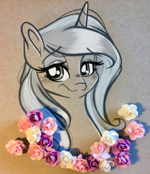 Size: 2506x2915 | Tagged: safe, artist:emberslament, fleur-de-lis, pony, unicorn, g4, blushing, colored pencil drawing, female, flower, high res, mare, photo, simple background, traditional art