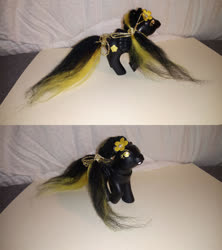 Size: 1229x1382 | Tagged: safe, artist:chili19, oc, oc only, oc:mayflower, pegasus, pony, customized toy, duo, female, flower, flower in hair, irl, mare, pegasus oc, photo, toy, wings