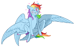Size: 1020x639 | Tagged: safe, artist:jellybeanbullet, rainbow dash, pegasus, pony, g4, blushing, female, four wings, multiple wings, one eye closed, simple background, sitting, smiling, solo, sparkles, spread wings, white background, wings, wink
