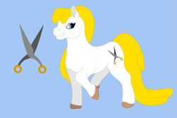 Size: 2083x1390 | Tagged: safe, artist:chili19, oc, oc only, oc:bloodknife, earth pony, pony, colored hooves, cutie mark background, earth pony oc, female, mare, raised hoof, scissors, smiling, solo