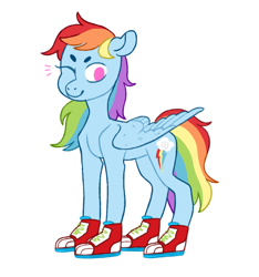 Size: 1094x1171 | Tagged: safe, artist:jellybeanbullet, rainbow dash, pegasus, pony, g4, beanbrows, clothes, converse, cutie mark, eyebrows, female, no pupils, one eye closed, shoes, simple background, smiling, solo, white background, wings, wink
