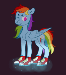 Size: 800x906 | Tagged: safe, artist:jellybeanbullet, rainbow dash, pegasus, pony, g4, animated, beanbrows, black background, blushing, clothes, converse, cutie mark, eyebrows, female, glowing, no pupils, one eye closed, shoes, simple background, smiling, solo, wings, wink