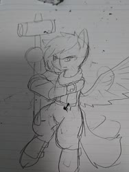 Size: 1080x1440 | Tagged: safe, artist:omegapony16, oc, oc only, oc:oriponi, pegasus, pony, armor, clothes, eraser, frown, hoof hold, irl, lineart, lined paper, maul, pegasus oc, photo, scarf, solo, traditional art, wings