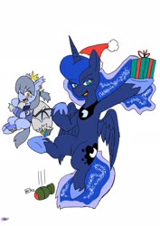 Size: 1451x2048 | Tagged: safe, artist:omegapony16, princess luna, oc, oc:oriponi, alicorn, bat pony, pony, g4, :o, armor, bat pony oc, bomb, christmas, clothes, crown, duo, ear piercing, earring, ethereal mane, female, grenade, hat, holiday, hoof hold, hoof shoes, jewelry, mare, open mouth, peytral, piercing, present, regalia, santa hat, santa sack, scared, signature, simple background, starry mane, vest, weapon, white background