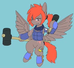 Size: 2048x1877 | Tagged: safe, artist:omegapony16, oc, oc only, oc:oriponi, pegasus, pony, armor, clothes, female, flying, hammer, hoof hold, mallet, mare, pegasus oc, scar, scarf, simple background, soldier, solo, spread wings, vest, wings