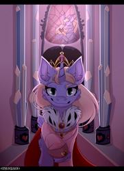 Size: 1445x2000 | Tagged: safe, artist:strangebun, oc, oc only, oc:empress felicity, alicorn, pony, alicorn oc, cape, clothes, coat, crown, crystal, crystal empire, female, fur coat, heart, horn, jewelry, looking at you, mare, necklace, regalia, solo, stained glass