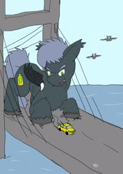 Size: 1451x2048 | Tagged: safe, artist:omegapony16, oc, oc only, bat pony, pony, bat pony oc, bridge, car, jet, jet fighter, macro, male, open mouth, plane, stallion, taxi, unshorn fetlocks, water