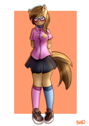 Size: 2893x4092 | Tagged: safe, artist:koizumisho, oc, oc only, oc:dawnsong, earth pony, anthro, plantigrade anthro, blushing, clothes, collar, cute, female, glasses, mare, meganekko, miniskirt, moe, ocbetes, pleated skirt, shirt, shoes, skirt, sneakers, socks, solo, ych result