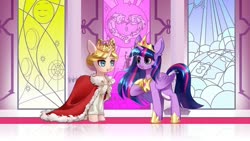 Size: 1280x720 | Tagged: safe, alternate version, artist:shu-jeantte, twilight sparkle, oc, oc:historia, alicorn, pony, g4, attack on titan, clothes, crown, female, historia reiss, jewelry, mare, regalia, robe, stained glass, twilight sparkle (alicorn)