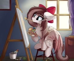 Size: 1440x1200 | Tagged: safe, artist:lunar froxy, oc, oc only, oc:aurelleah, oc:aurry, pegasus, pony, big ears, bow, bucket, canvas, cheek fluff, chest fluff, clothes, colored wings, colored wingtips, curtains, cute, ear fluff, easel, eyebrows, eyebrows visible through hair, female, fluffy, hair bow, hoof hold, indoors, leg fluff, lunar froxy is trying to murder us, mare, mouth hold, ocbetes, paintbrush, painting, palette, partially open wings, sitting, solo, stool, table, window, wings