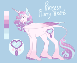 Size: 3000x2435 | Tagged: safe, artist:puppygeist, princess flurry heart, alicorn, classical unicorn, pony, g4, blue background, cloven hooves, colored wings, colored wingtips, female, high res, horn, leonine tail, mare, older, older flurry heart, reference sheet, simple background, solo, unshorn fetlocks