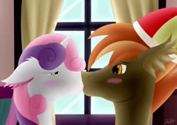 Size: 1280x907 | Tagged: safe, artist:thebenalpha, button mash, sweetie belle, pony, g4, female, kissing, male, request, ship:sweetiemash, shipping, straight