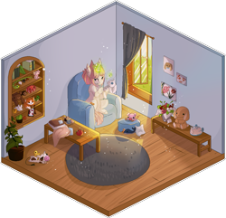 Size: 923x891 | Tagged: safe, artist:shiroikitten, oc, oc only, bear, cow, fox, octopus, pig, pony, rabbit, unicorn, whale, animal, female, isometric, magic, mare, pixel art, plushie, room, sewing, solo, table