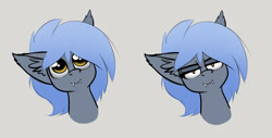 Size: 2480x1262 | Tagged: safe, artist:duop-qoub, oc, oc only, oc:panne, bat pony, pony, bedroom eyes, big ears, bust, ear fluff, fangs, female, gray background, looking at you, simple background, solo