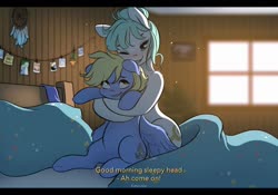 Size: 1024x718 | Tagged: safe, artist:katputze, oc, oc only, oc:blue skies, oc:largesse, earth pony, pegasus, pony, bed, cute, dreamcatcher, duo, fake screencap, good morning, hug, hug from behind, letterboxing, morning, morning ponies, one eye closed, size difference, smiling, subtitles