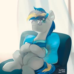 Size: 2048x2048 | Tagged: safe, artist:tingsan, oc, oc only, oc:dopami korpela, pony, unicorn, backlighting, cape, chair, clothes, couch, curtains, glasses, high res, looking at you, male, older, pillow, shawl, sitting, skunk stripe, solo