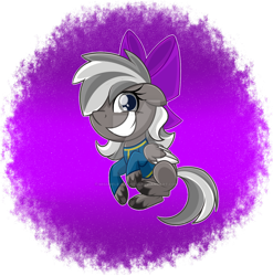 Size: 1280x1294 | Tagged: safe, artist:missbramblemele, oc, oc only, pegasus, pony, g4.5, my little pony: pony life, bow, clothes, deviantart watermark, female, hair bow, jumpsuit, mare, obtrusive watermark, solo, vault suit, watermark