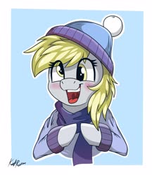 Size: 2500x2900 | Tagged: safe, artist:kaylerustone, derpy hooves, pegasus, pony, g4, blushing, bust, clothes, eye clipping through hair, female, hat, high res, mare, open mouth, scarf, signature, smiling, solo, sweater, winter outfit