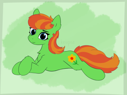 Size: 2048x1536 | Tagged: safe, artist:keupoz, oc, oc only, oc:fire blossom, earth pony, pony, abstract background, commission, looking at you, lying down