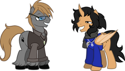 Size: 2000x1142 | Tagged: safe, artist:theeditormlp, oc, oc only, oc:the deafhorse, oc:the editor, alicorn, bat pony, bat pony alicorn, earth pony, pony, clothes, glasses, horn, male, scarf, shirt, simple background, stallion, transparent background, vest