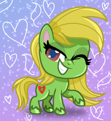 Size: 672x736 | Tagged: safe, artist:lumi-infinite64, oc, oc only, oc:jungle heart, earth pony, pony, g4.5, my little pony: pony life, heart, one eye closed, raised hoof, smiling, smiling at you, solo, wink, winking at you