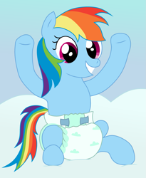 Size: 1049x1280 | Tagged: safe, artist:sweetielover, rainbow dash, pegasus, pony, g4, cloud, cute, cute eyes, diaper, diaper fetish, diapered, excited, female, fetish, glad, grin, happy, hooves up, non-baby in diaper, sky, smiling, solo