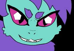 Size: 723x502 | Tagged: safe, artist:buttercupsaiyan, oc, oc only, oc:pupa, changeling, moth, mothpony, original species, angry eyes, beanbrows, evil smile, eyebrows, green, green coat, grin, pupa, purple hair, smiling, solo