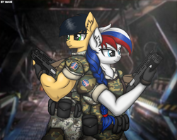 Size: 3102x2461 | Tagged: safe, artist:maxiclouds, oc, oc:marussia, alien, anthro, alien (franchise), aliens: colonial marines, armor, back to back, biceps, colonial marines, colony corridors, duo, female, gun, high res, m41a pulse rifle, male, military, military uniform, nation ponies, russia, weapon