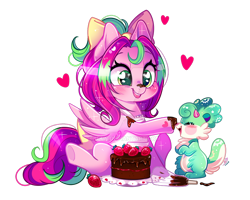 Size: 800x640 | Tagged: safe, artist:ipun, oc, oc only, oc:gadget, oc:precious metal, pegasus, pony, apron, bow, cake, chibi, clothes, cute, deviantart watermark, female, food, hair bow, heart, heart eyes, mare, obtrusive watermark, ocbetes, simple background, strawberry, transparent background, watermark, wingding eyes