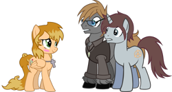 Size: 2169x1159 | Tagged: safe, artist:theeditormlp, oc, oc only, oc:jeweled faith, oc:silver trust, oc:the editor, earth pony, pegasus, pony, unicorn, clothes, cross, female, glasses, mare, shirt, simple background, transparent background, vest