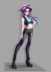 Size: 706x1000 | Tagged: safe, artist:the-park, starlight glimmer, human, equestria girls, g4, beanie, belly button, breasts, cleavage, female, hat, human coloration, midriff, ripped pants, simple background, solo