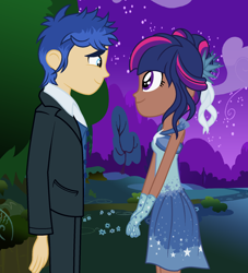 Size: 1700x1872 | Tagged: safe, artist:emmakkkkk, artist:ravenwolf-bases, flash sentry, twilight sparkle, human, equestria girls, g4, alternate hairstyle, base used, bush, clothes, dark skin, dress, female, flower, gloves, grass, humanized, male, night, ship:flashlight, shipping, stars, straight, suit, tree, tuxedo