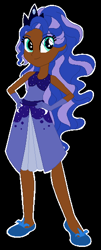 Size: 230x570 | Tagged: safe, artist:emmakkkkk, princess luna, human, equestria girls, g4, alternate hairstyle, black background, clothes, crown, dark skin, dress, evening gloves, female, flats, gloves, human coloration, humanized, jewelry, long gloves, regalia, shoes, simple background, solo