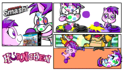 Size: 1280x720 | Tagged: safe, artist:freakinbambam, oc, oc only, oc:pinky, human, pony, unicorn, :p, animated, annoyed, bowser, chibi, colored hooves, colt, comic, controller, female, filly, frying pan, happy, horn, horseshoes, link, male, on back, princess peach, smiling, super mario bros., super princess peach, super smash bros., super smash bros. 4, the legend of zelda, tongue out, unicorn oc, unmoving plaid, video game, wingding eyes