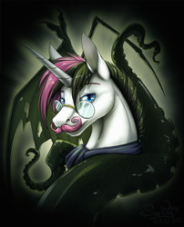 Size: 1000x1238 | Tagged: safe, artist:sunny way, oc, oc only, oc:deon adamson, pony, unicorn, bust, clothes, commission, facial hair, finished commission, glasses, horn, lovecraft, male, moustache, portrait, reading, scarf, solo, spider legs, stallion, tentacles, wings