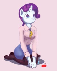 Size: 889x1114 | Tagged: safe, artist:drafthoof, rarity, unicorn, anthro, plantigrade anthro, g4, clothes, female, kneeling, looking up, mare, necktie, pantyhose, pink background, shirt, simple background, skirt, solo, stockings, thigh highs