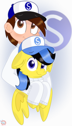 Size: 1063x1861 | Tagged: safe, artist:rainbow eevee, oc, oc only, oc:mr.s, oc:ponyseb 2.0, human, pegasus, pony, blue eyes, brown eyes, clothes, cuddling, eyebrows, floppy ears, grin, hat, holding, holding a pony, hug, iphone, looking at you, male, multicolored hair, pegasus oc, simple background, smiling, smiling at you, snapback, spread wings, sweat, wallpaper, white background, wings