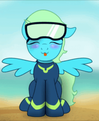 Size: 600x736 | Tagged: safe, artist:bastbrushie, part of a set, oc, oc only, oc:sea glow, pegasus, pony, :p, animated, beach, blushing, cute, dive mask, eyes closed, goggles, male, smiling, solo, spread wings, stallion, tongue out, wetsuit, wings