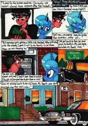 Size: 2078x2971 | Tagged: safe, artist:newyorkx3, princess luna, oc, oc:tommy, human, comic:young days, g4, calling, car, comic, grin, high res, house, money, s1 luna, smiling, speech bubble, sunset