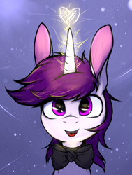 Size: 3400x4500 | Tagged: safe, artist:tatykin, oc, oc only, oc:lapush buns, bunnycorn, pony, unicorn, abstract background, bowtie, bust, heart, looking at you, magic, portrait, solo