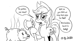 Size: 1200x675 | Tagged: safe, artist:pony-berserker, applejack, earth pony, pig, pony, pony-berserker's twitter sketches, g4, axe, black and white, breaking the fourth wall, grayscale, hat, i can't believe it's not idw, implied ponies eating meat, looking at you, monochrome, signature, simple background, speech bubble, weapon, white background