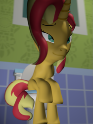 Size: 539x715 | Tagged: safe, artist:unknownface24, sunset shimmer, pony, unicorn, g4, 3d, but why, female, fetish, implied pooping, mare, sitting on toilet, solo, sunshit shimmer, toilet