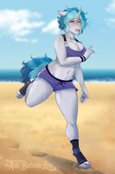 Size: 2099x3181 | Tagged: safe, artist:askbubblelee, oc, oc only, oc:bubble lee, unicorn, anthro, unguligrade anthro, anthro oc, arm freckles, beach, belly button, big breasts, blushing, body freckles, breasts, chest fluff, cleavage, cleavage fluff, clothes, cloud, coat markings, cute, cute little fangs, digital art, ear fluff, engagement ring, exercise, eyes closed, fangs, female, floppy ears, freckles, high res, jogging, leg freckles, leg wraps, mare, midriff, neck freckles, ring, shorts, shoulder freckles, sky, solo, sports bra, sports shorts, sweat, unshorn fetlocks, water, wristband